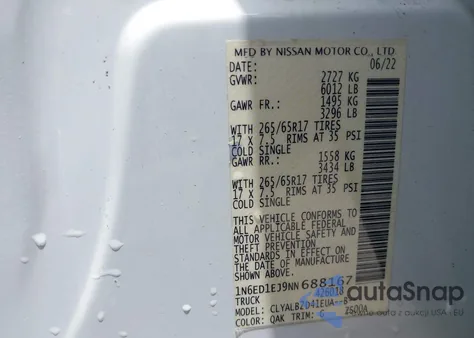 2022 Nissan Frontier Sv 4X2 z USA, uszkodzony, nr VIN 1N6ED1EJ9NN688167